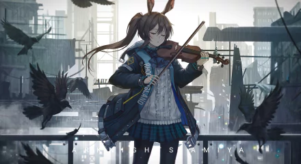 Amiya from Arknights plays the violin amidst a dark, urban backdrop, surrounded by swooping crows, in this striking 4K Ultra HD wallpaper for PC.
