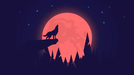 Artistic 4K Ultra HD wallpaper of a wolf silhouette howling at a large red full moon against a starry night sky, framed by dark pine trees.