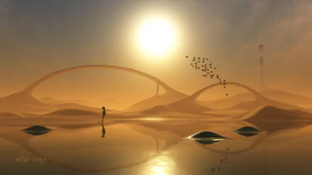 HD desktop wallpaper of a serene fantasy landscape, featuring smooth, flowing sand structures under a large sun with reflections on water and a lone figure walking.