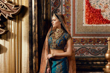 HD PC desktop wallpaper of an Indian woman model in a blue embroidered sari with ornate necklace, posed against a richly decorated palace-style background.