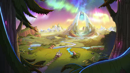 HD PC desktop wallpaper featuring a vibrant alien landscape from the TV show Rick and Morty, with colorful skies and futuristic elements.