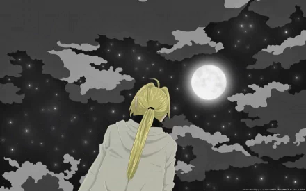 An HD wallpaper featuring Edward Elric from the anime Fullmetal Alchemist, looking up at a bright moon against a starry, cloud-filled sky.