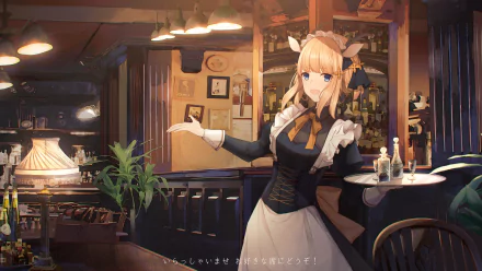 Anime girl with blonde hair and blue eyes dressed in maid attire welcomes visitors in a cozy restaurant setting. The image is an HD desktop wallpaper and background.