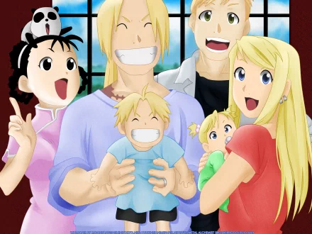 A vibrant HD wallpaper featuring characters Shao May, May Chang, Alphonse Elric, Edward Elric, and Winry Rockbell from the anime Fullmetal Alchemist, all smiling joyfully together.