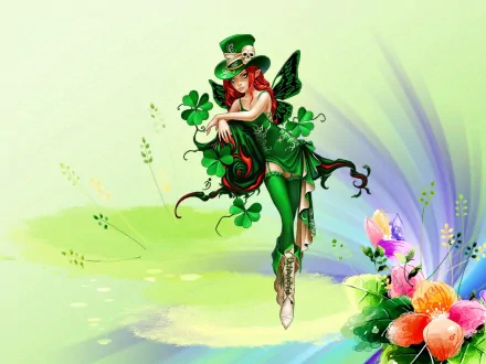 A vibrant HD wallpaper for St. Patrick's Day featuring a whimsical fairy in green, adorned with clovers, set against a colorful floral background.