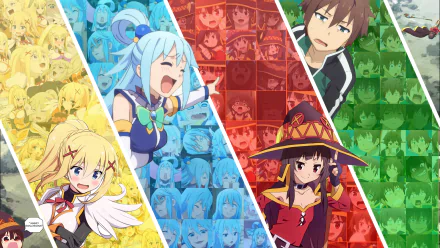 HD desktop wallpaper featuring Lalatina Dustiness Ford, Kazuma Satou, Darkness, Aqua, and Megumin from the anime KonoSuba - God’s Blessing on This Wonderful World!! arranged in vibrant color panels.
