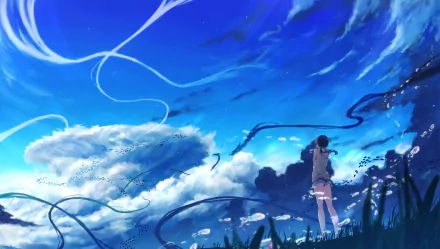 Anime-style 8K Ultra HD wallpaper featuring Hina Amano standing under a vibrant blue sky with swirling clouds from Weathering with You.
