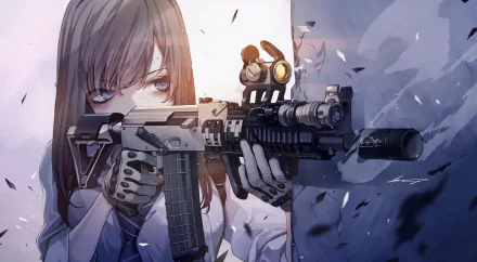 Anime-style 4K Ultra HD desktop wallpaper depicting a focused character aiming an AR-15 rifle against a shattered glass background.