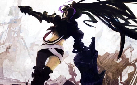 A striking HD desktop wallpaper featuring Black Rock Shooter in an intense pose amidst a chaotic backdrop, showcasing the anime's unique art style and dramatic energy.