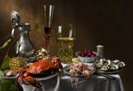 oyster shrimp crab glass wine cherry food still life HD Desktop Wallpaper | Background Image