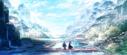 HD anime desktop wallpaper featuring two long-haired characters from Mo Dao Zu Shi standing on a wooden dock overlooking a serene lake surrounded by misty mountains.