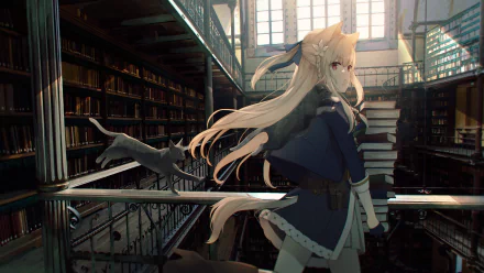 An anime girl with blonde hair, red eyes, and cat ears and tail stands in a vast library holding books, wearing a skirt, with a cat nearby. Sunlight filters through the windows.