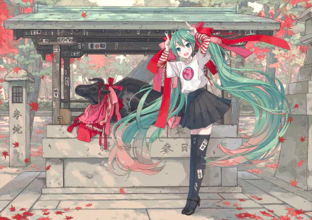 Anime girl with green hair and twintails, dressed in a school uniform, stands by a traditional shrine with autumn leaves. Background features detailed artwork of the Vocaloid character Hatsune Miku.