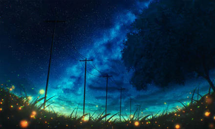 Anime-style HD desktop wallpaper depicting a starry night sky with glowing fireflies above grass and silhouetted power lines under a vibrant Milky Way.