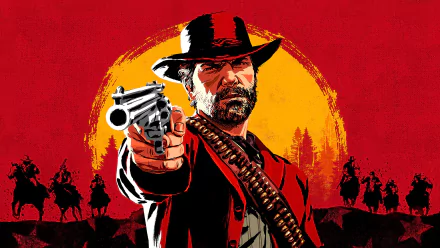 Arthur Morgan from Red Dead Redemption 2 aiming a revolver, set against a bold red and orange background with silhouetted horseback riders, 4K Ultra HD PC wallpaper.