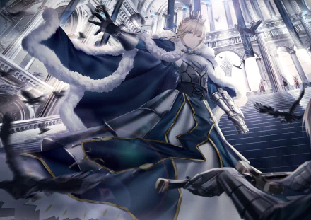 HD desktop wallpaper featuring Saber from Fate/Grand Order in a dynamic pose with swirling capes and flying ravens, set against a grand architectural backdrop.