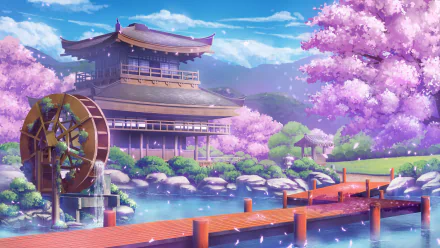 HD anime-style wallpaper featuring a traditional house by a river, adorned with sakura trees and a wooden wheel, in a serene, colorful setting.