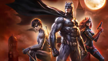 HD wallpaper of Batman: Bad Blood featuring Batman, Nightwing (Dick Grayson), and Batwoman (Kate Kane) standing heroically against a moonlit background with gothic architecture.
