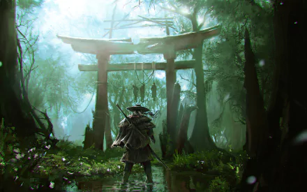 Jin Sakai from Ghost of Tsushima stands in a misty forest near a torii gate, rendered in stunning 4K Ultra HD for PC desktop wallpaper.