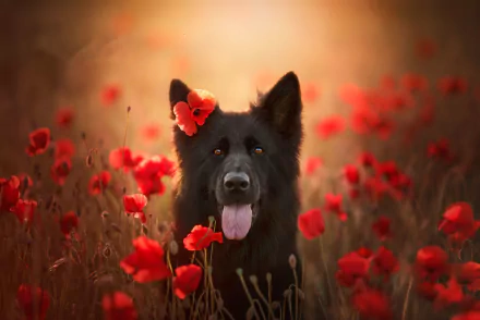 poppy red flower flower dog Animal belgian shepherd HD Desktop Wallpaper | Background Image