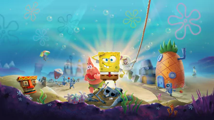 4K Ultra HD wallpaper featuring SpongeBob SquarePants and Patrick Star from the video game SpongeBob SquarePants: Battle for Bikini Bottom in an underwater Bikini Bottom scene.