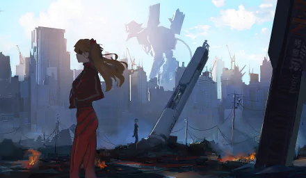 HD wallpaper featuring Asuka Langley Sohryu with an eye patch amid a post-apocalyptic cityscape, with an Evangelion unit in the background. From Evangelion: 3.0 You Can (Not) Redo, part of the Neon Genesis Evangelion series.