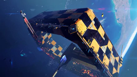 HD wallpaper of a spaceship from Hardspace: Shipbreaker, floating in orbit with Earth in the background.
