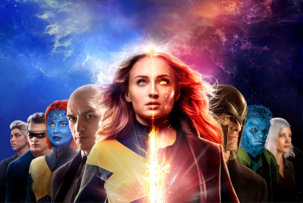 8K Ultra HD wallpaper featuring iconic X-Men characters Charles Xavier, Storm, Scott Summers, Mystique, Beast, Magneto, Professor X, and Jean Grey from the Dark Phoenix movie.
