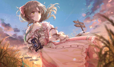 Anime-style HD desktop wallpaper featuring Aiko Takamori from The iDOLM@STER Cinderella Girls with yellow eyes and brown hair, holding a camera in a flowing dress at sunset.