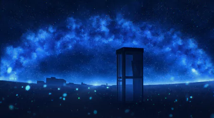 Anime-style HD desktop wallpaper depicting a starry night sky with a vivid Milky Way arching over a silhouetted landscape and a solitary glass structure.