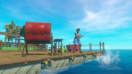 HD wallpaper of a character fishing on a wooden raft with a large barrel, surrounded by tranquil blue waters.