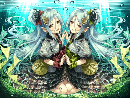 Anime-style HD desktop wallpaper featuring twin original characters with long white hair, brown eyes, and pointed ears underwater, wearing intricate dresses.