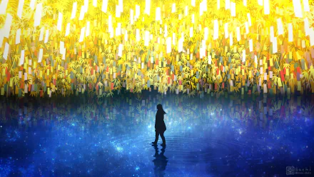 Anime-style night scene of a person standing by a lake with glowing Tanabata festival wishes reflecting on the water, creating a magical HD desktop wallpaper background.