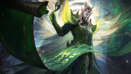 HD PC desktop wallpaper featuring a powerful character from Mobile Legends: Bang Bang, showcasing vibrant green and gold armor with magical effects.