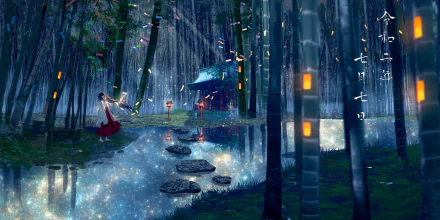 Anime HD wallpaper depicting a serene night scene in a bamboo forest. A character with long hair stands near a cottage, beside a reflective pool lit with lanterns, creating a mystical ambiance.