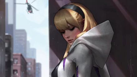 Spider-Gwen with blonde hair and a white hoodie stands thoughtfully in a cityscape, rendered in high-detail 4K Ultra HD comic style as Gwen Stacy.