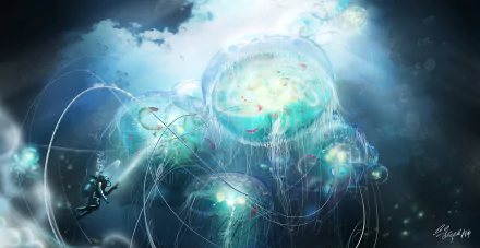 A vibrant 4K Ultra HD anime-style underwater scene featuring a diver exploring glowing jellyfish drifting in the deep sea.