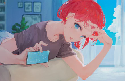 iPhone short hair smartphone blue eyes red hair Anime Original HD Desktop Wallpaper | Background Image
