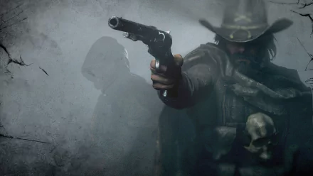 HD Hunt: Showdown desktop wallpaper featuring a cowboy aiming a gun with a shadowy figure in the background.