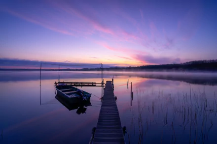 HD desktop wallpaper showcasing a serene boat docked beside a wooden pier on calm water at sunrise, with soft purple and pink hues in the sky.