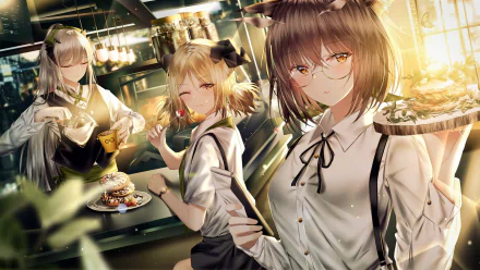 4K Ultra HD Arknights wallpaper featuring Silence, Saria, and Ifrit in a cozy cafe setting, showcasing detailed character art from the video game.