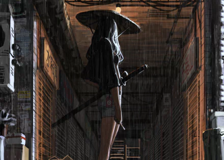 A samurai wearing an Asian conical hat stands in the rain, gripping a katana in a dark, narrow alleyway under moody lighting.
