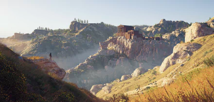 Assassin's Creed Odyssey video game 4K Ultra HD PC desktop wallpaper — lone assassin surveys sunlit cliffs and an ancient temple perched on rugged Greek mountains.