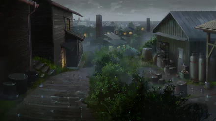 HD wallpaper from the anime Nakitai Watashi wa Neko wo Kaburu (A Whisker Away), featuring a peaceful, rain-soaked village scene with traditional wooden houses and lush greenery.