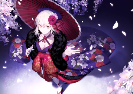 Anime character Saber Alter from Fate/Grand Order, with white hair, wearing a floral kimono and holding an umbrella, is surrounded by blossoms. The image is an HD desktop wallpaper and background.