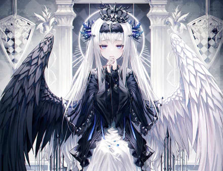 HD desktop wallpaper featuring an anime angel with long white hair, blue eyes, and black-and-white wings, set against an ornate background.
