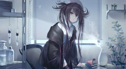 HD anime original artwork of a girl with dark hair in a cozy room, featured as a PC desktop wallpaper and background.