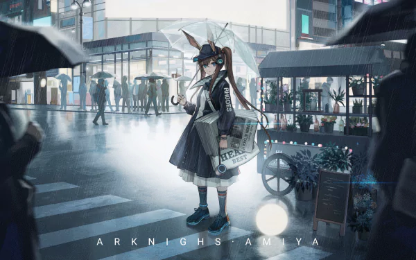 Amiya (Arknights) stands under an umbrella in a rainy city plaza, stylized 2K Quad HD PC desktop wallpaper background, video game character with rabbit ears and staff.
