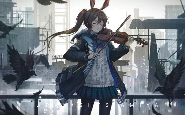 Amiya from Arknights plays the violin amidst a dark, urban backdrop, surrounded by swooping crows, in this striking 4K Ultra HD wallpaper for PC.