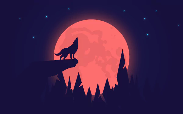Artistic 4K Ultra HD wallpaper of a wolf silhouette howling at a large red full moon against a starry night sky, framed by dark pine trees.